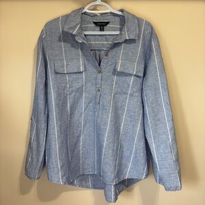 Ellen Tracy Women’s XL Light Blue White Striped Casual Shirt Linen Cotton Blend